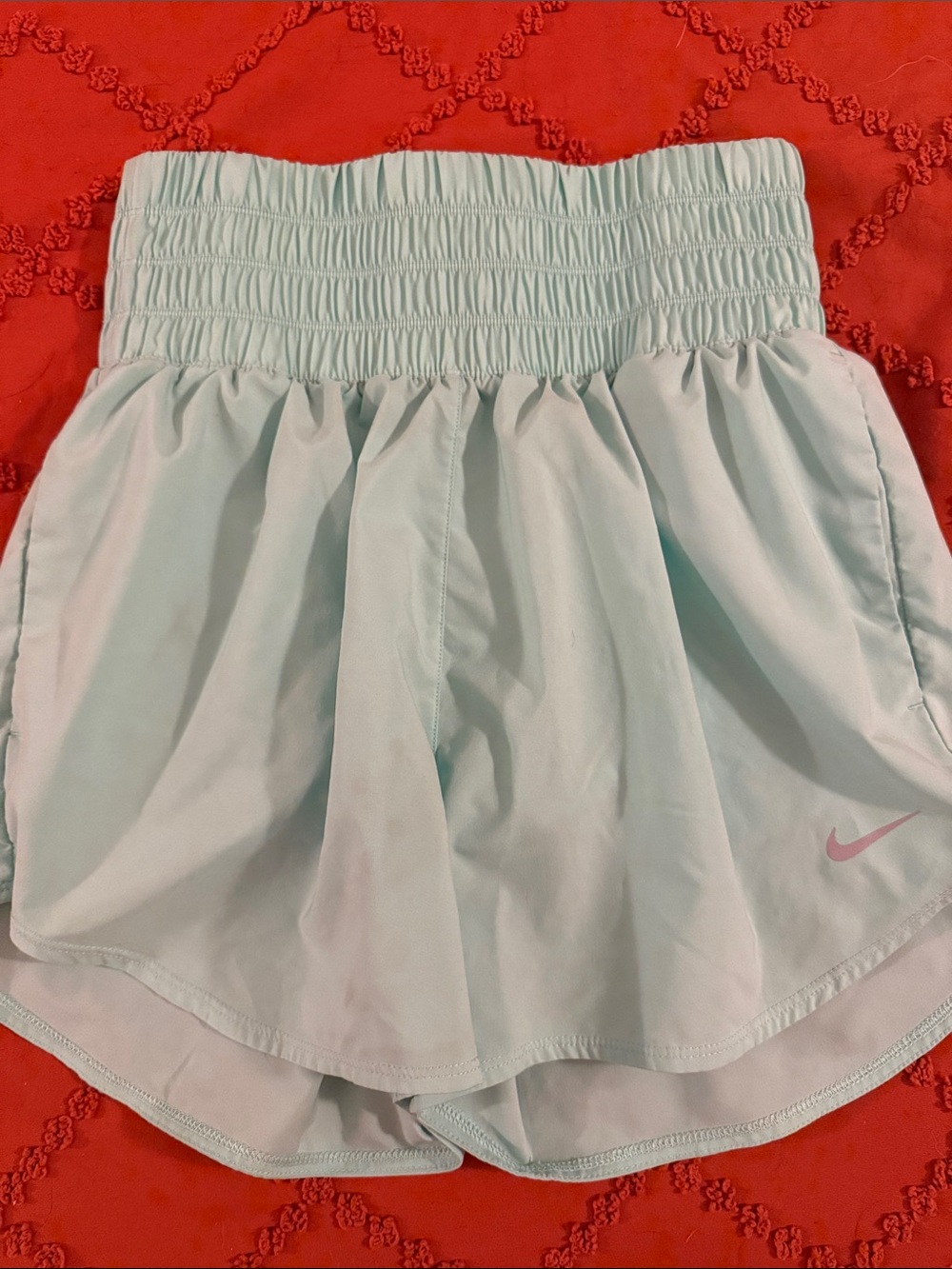 Nike Women's Light Aqua Athletic Shorts with High Smocked Waist